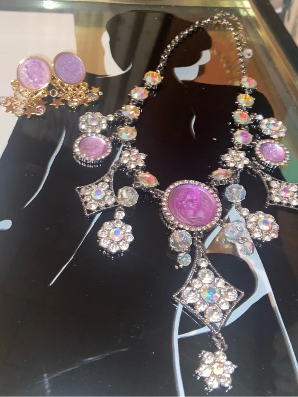 Kirks Folly Aurora Crystal Statement Angel Necklace and Earring Set in Lavender
